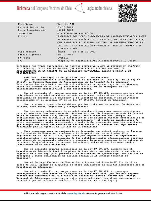 Decreto 381 (Establece Otros Indicadores de Calidad Educativa) Decreto 381 (Establece Otros Indicadores de Calidad Educativa)