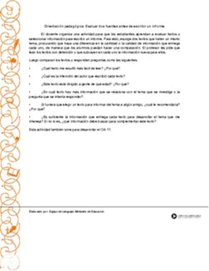 Orientación pedagógica: Evaluar dos fuentes antes de escribir un informe Orientación pedagógica: Evaluar dos fuentes antes de escribir un informe