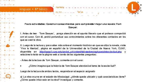 Construir conocimientos para comprender mejor una novela: Tom Sawyer Construir conocimientos para comprender mejor una novela: Tom Sawyer