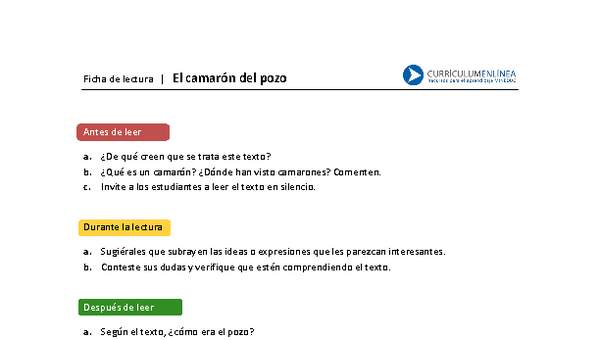 Ficha de lectura "El camarón del pozo" Ficha de lectura "El camarón del pozo"