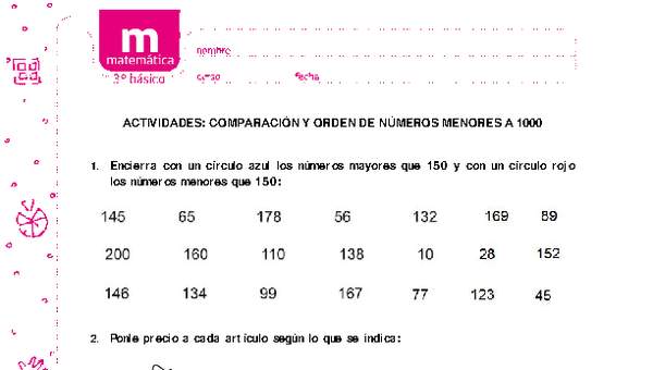 Comparación y orden de números menores a 1000 Comparación y orden de números menores a 1000