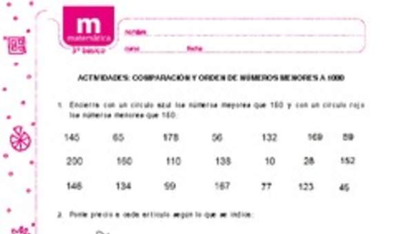 Comparación y orden de números menores a 1000 Comparación y orden de números menores a 1000