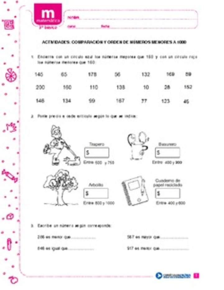 Comparación y orden de números menores a 1000 Comparación y orden de números menores a 1000