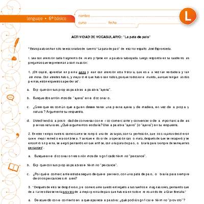 Actividad de vocabulario: "La pata de palo" Actividad de vocabulario: "La pata de palo"