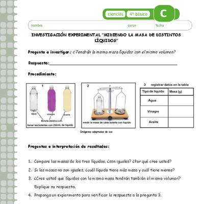 Midiendo la masa de distintos líquidos Midiendo la masa de distintos líquidos
