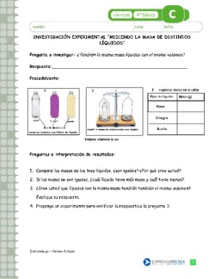 Midiendo la masa de distintos líquidos Midiendo la masa de distintos líquidos