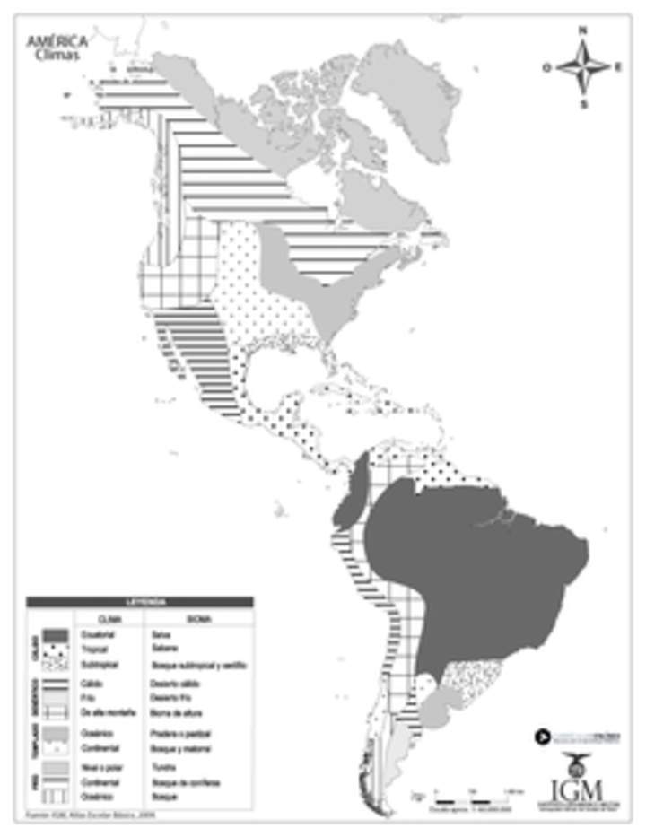 Mapa con los climas de América en blanco y negro Mapa con los climas de América en blanco y negro