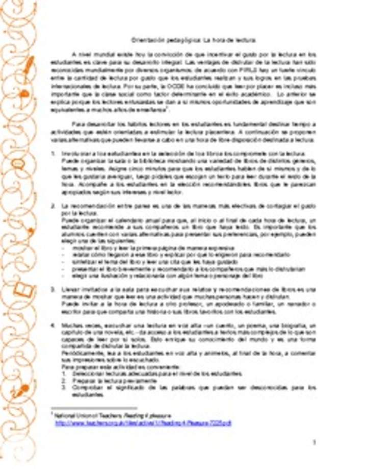 Orientación pedagógica: La hora de lectura Orientación pedagógica: La hora de lectura