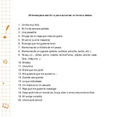20 temas para escribir o conversar en tercero básico