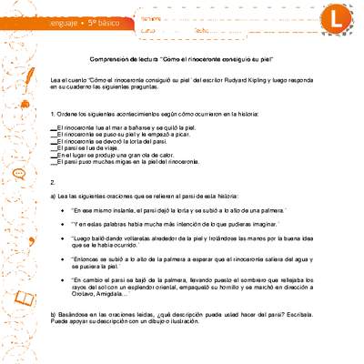 Comprensión de lectura "Cómo el rinoceronte consiguió su piel" Comprensión de lectura "Cómo el rinoceronte consiguió su piel"