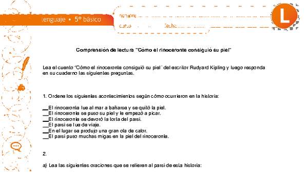 Comprensión de lectura "Cómo el rinoceronte consiguió su piel" Comprensión de lectura "Cómo el rinoceronte consiguió su piel"