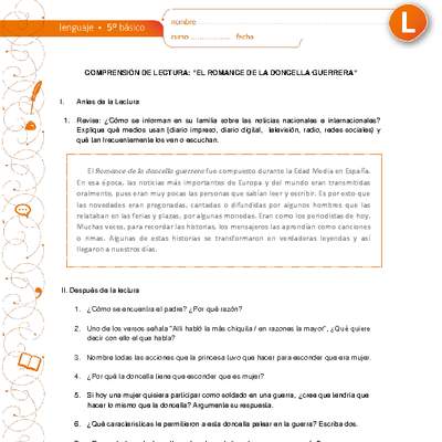 Comprensión de lectura: "El romance de la doncella guerrera" Comprensión de lectura: "El romance de la doncella guerrera"