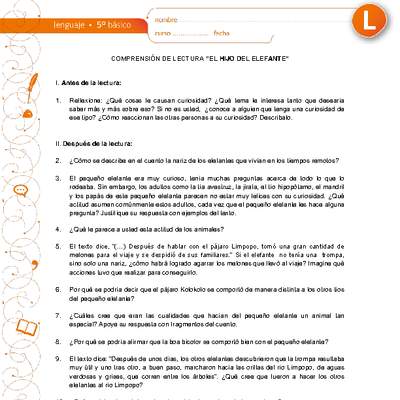 Comprensión de lectura "El hijo del elefante", de Rudyard Kipling Comprensión de lectura "El hijo del elefante", de Rudyard Kipling