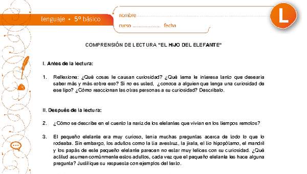 Comprensión de lectura "El hijo del elefante", de Rudyard Kipling Comprensión de lectura "El hijo del elefante", de Rudyard Kipling