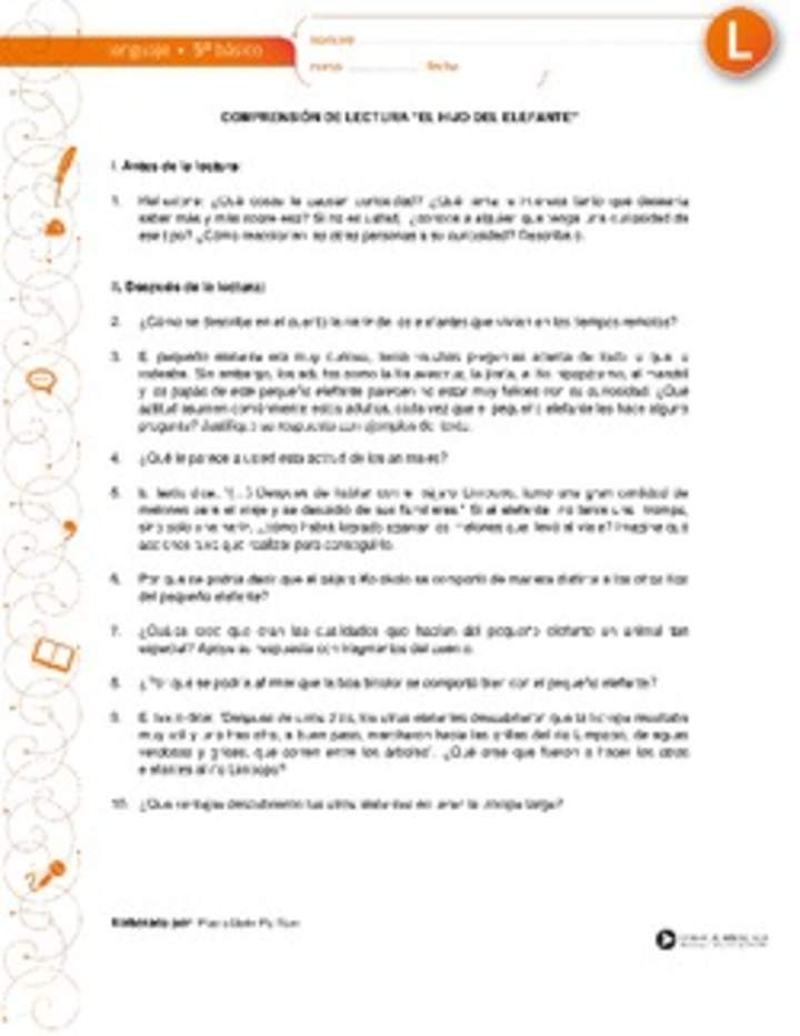 Comprensión de lectura "El hijo del elefante", de Rudyard Kipling Comprensión de lectura "El hijo del elefante", de Rudyard Kipling