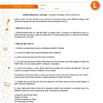 Comprensión de lectura: "Cuando Shlemel fue a Varsovia", de Isaac Bashevis Singer Comprensión de lectura: "Cuando Shlemel fue a Varsovia", de Isaac Bashevis Singer