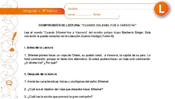 Comprensión de lectura: "Cuando Shlemel fue a Varsovia", de Isaac Bashevis Singer Comprensión de lectura: "Cuando Shlemel fue a Varsovia", de Isaac Bashevis Singer
