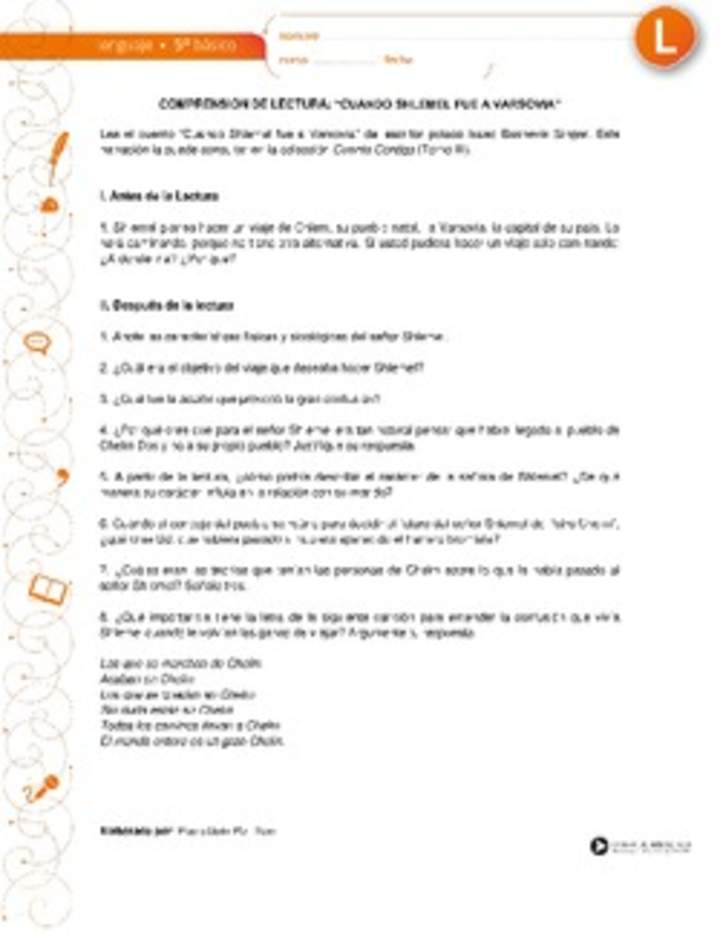 Comprensión de lectura: "Cuando Shlemel fue a Varsovia", de Isaac Bashevis Singer Comprensión de lectura: "Cuando Shlemel fue a Varsovia", de Isaac Bashevis Singer