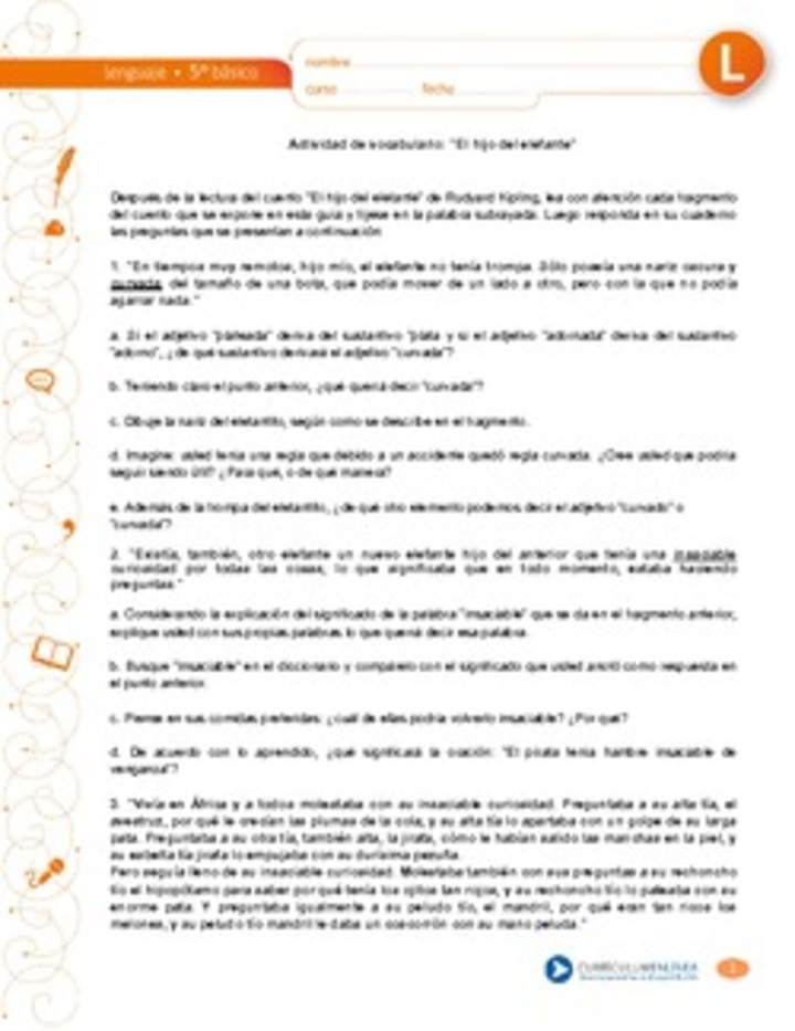 Vocabulario "El hijo del elefante" Vocabulario "El hijo del elefante"
