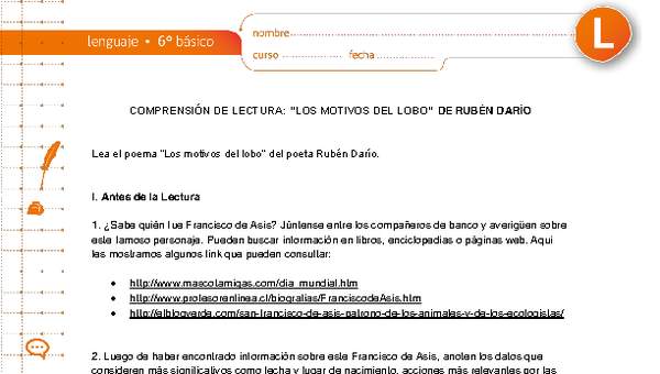 Comprensión de lectura: "Los motivos del lobo" de Rubén Darío Comprensión de lectura: "Los motivos del lobo" de Rubén Darío