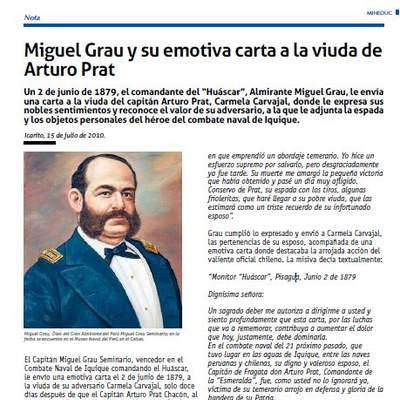 Miguel Grau y su emotiva carta a la viuda de Arturo Prat Miguel Grau y su emotiva carta a la viuda de Arturo Prat