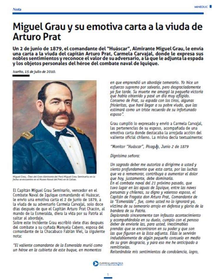 Miguel Grau y su emotiva carta a la viuda de Arturo Prat Miguel Grau y su emotiva carta a la viuda de Arturo Prat