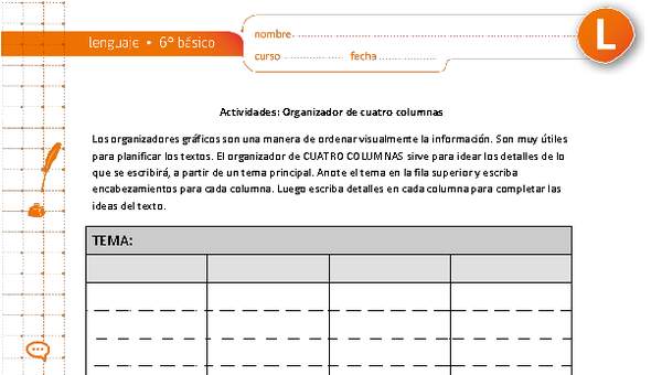 Organizador gráfico cuatro columnas Organizador gráfico cuatro columnas