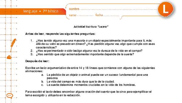 Actividad de escritura "Lucero" Actividad de escritura "Lucero"