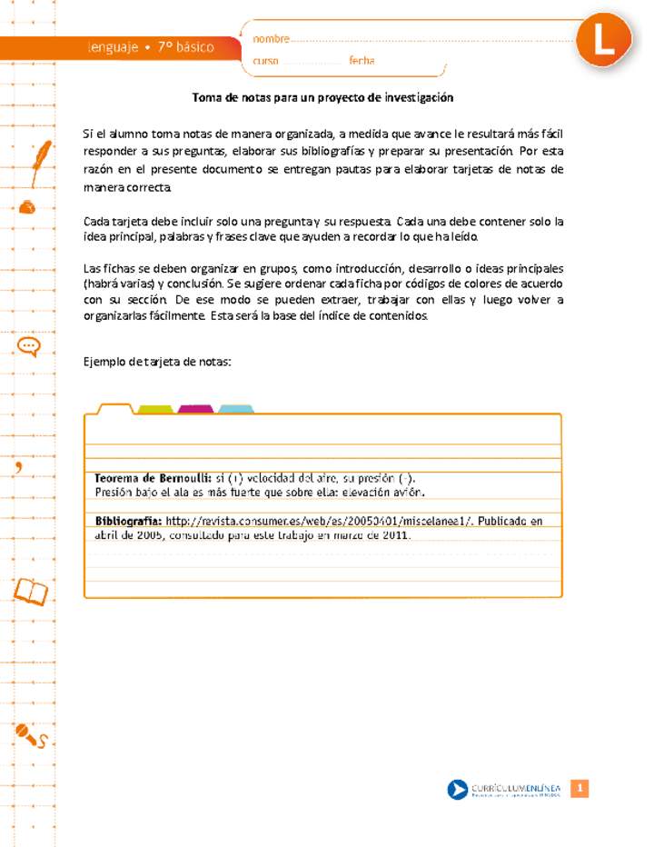 Toma de notas para un proyecto de investigación Toma de notas para un proyecto de investigación