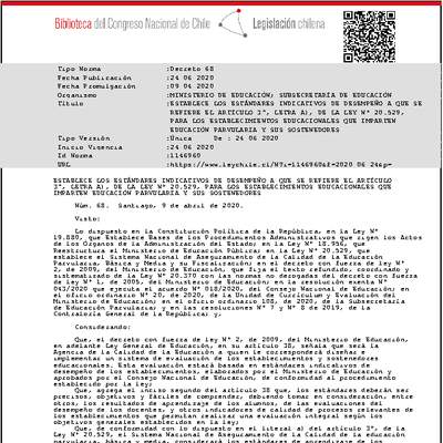 Decreto 68 (Establece los Estandares Indicativos de Desempeño para establecimientos Educación Parvularia y sus Sostenedores Decreto 68 (Establece los Estandares Indicativos de Desempeño para establecimientos Educación Parvularia y sus Sostenedores