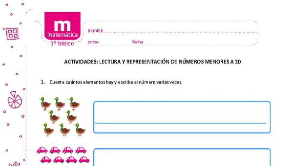 Lectura y representación de números menores a 20 Lectura y representación de números menores a 20