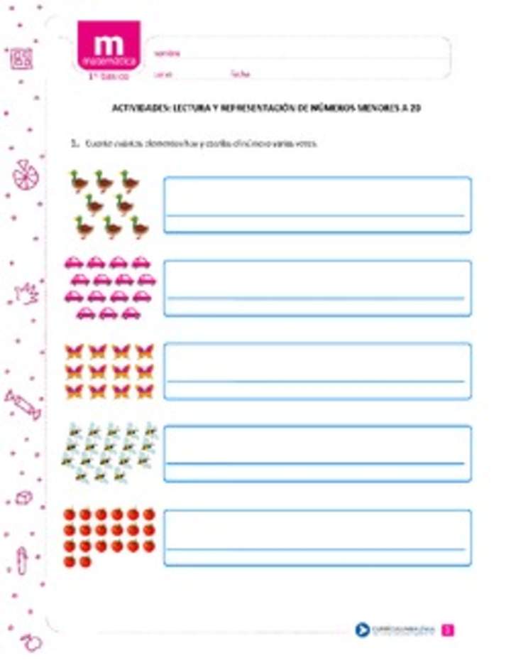 Lectura y representación de números menores a 20 Lectura y representación de números menores a 20