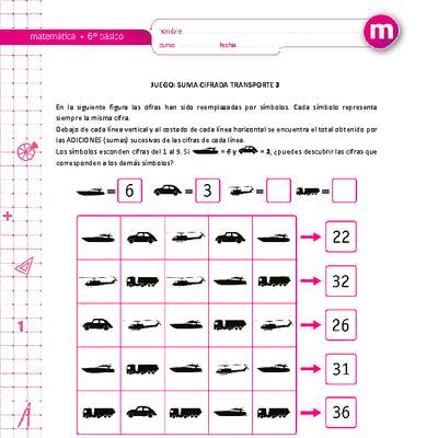 Juego: suma cifrada transporte 3 Juego: suma cifrada transporte 3