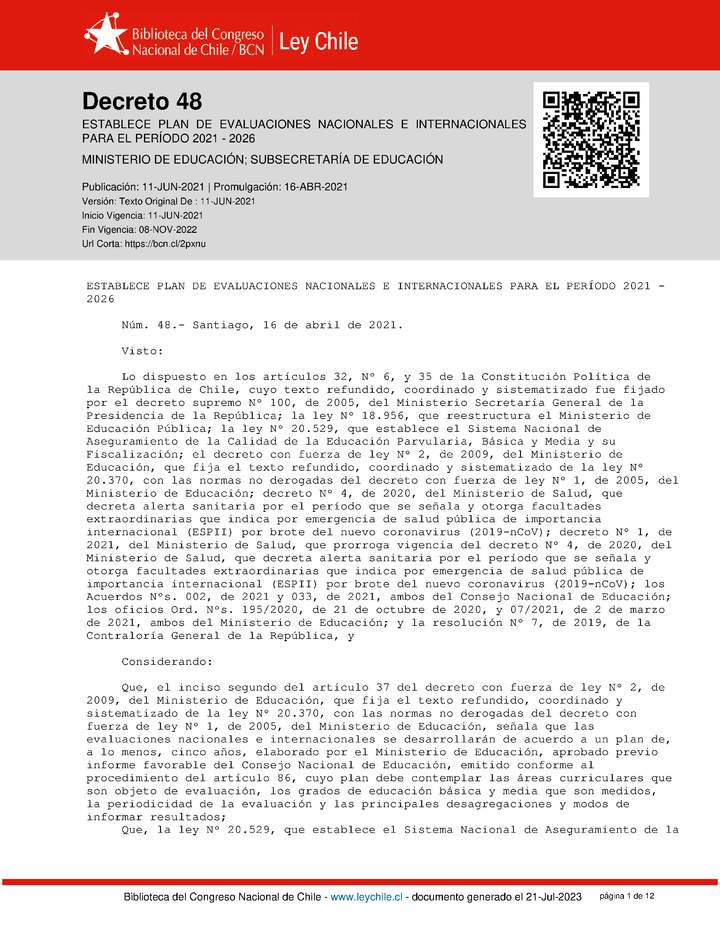 DECRETO 48-2021 (establece Plan de Evaluaciones) DECRETO 48-2021 (establece Plan de Evaluaciones)