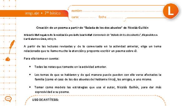 Creación de un poema a partir de "Balada de los dos abuelos" de Nicolás Guillén Creación de un poema a partir de "Balada de los dos abuelos" de Nicolás Guillén