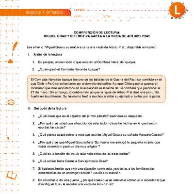 Comprensión de lectura: Miguel Grau y su emotiva carta a la viuda de Arturo Prat Comprensión de lectura: Miguel Grau y su emotiva carta a la viuda de Arturo Prat