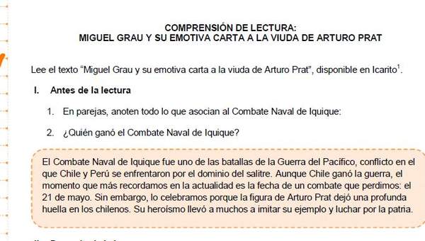 Comprensión de lectura: Miguel Grau y su emotiva carta a la viuda de Arturo Prat Comprensión de lectura: Miguel Grau y su emotiva carta a la viuda de Arturo Prat
