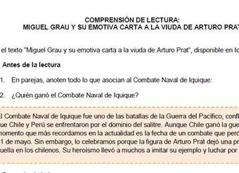 Comprensión de lectura: Miguel Grau y su emotiva carta a la viuda de Arturo Prat Comprensión de lectura: Miguel Grau y su emotiva carta a la viuda de Arturo Prat