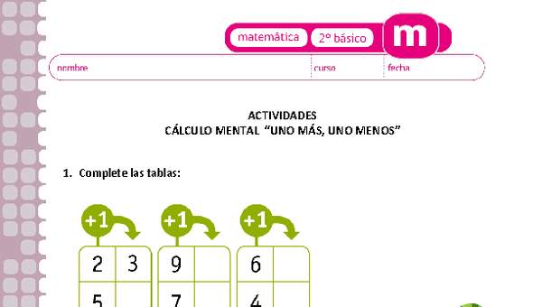 Cálculo mental "Uno más, uno menos" Cálculo mental "Uno más, uno menos"