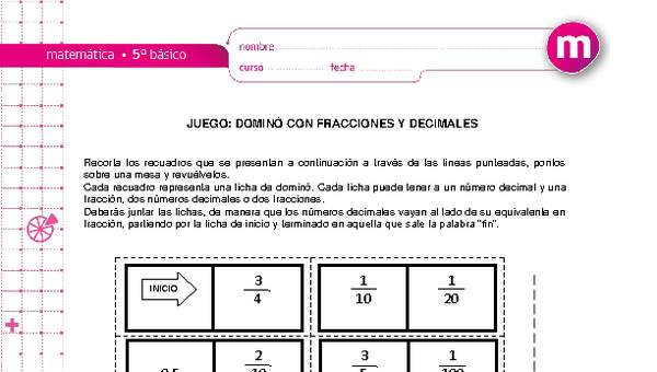 Dominó con fracciones y decimales Dominó con fracciones y decimales