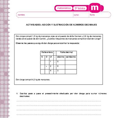 Adición y sustracción de números decimales Adición y sustracción de números decimales
