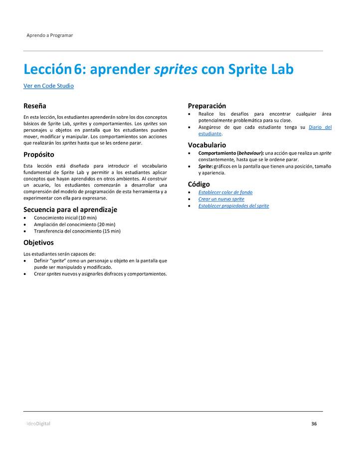 Unidad 2 - Lección 6: aprender sprites con Sprite Lab