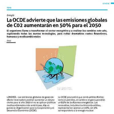 La OCDE advierte que las emisiones globales de CO2 aumentarán en 50% para el 2050 La OCDE advierte que las emisiones globales de CO2 aumentarán en 50% para el 2050