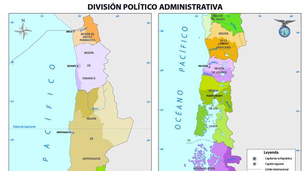 Mapa con la división política de Chile a color Mapa con la división política de Chile a color