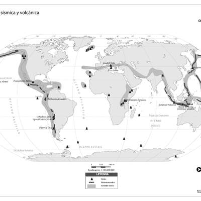 Mapa actividad sísmica y volcánica del mundo en blanco y negro Mapa actividad sísmica y volcánica del mundo en blanco y negro