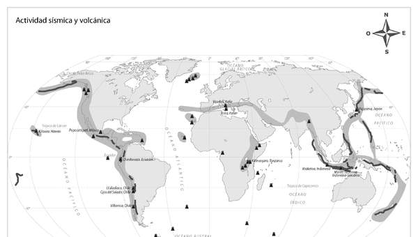 Mapa actividad sísmica y volcánica del mundo en blanco y negro Mapa actividad sísmica y volcánica del mundo en blanco y negro