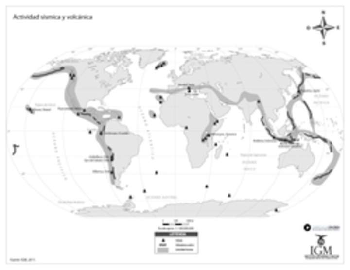 Mapa actividad sísmica y volcánica del mundo en blanco y negro Mapa actividad sísmica y volcánica del mundo en blanco y negro