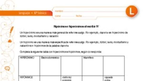 Hiperónimos e hipónimos al escribir IV Hiperónimos e hipónimos al escribir IV