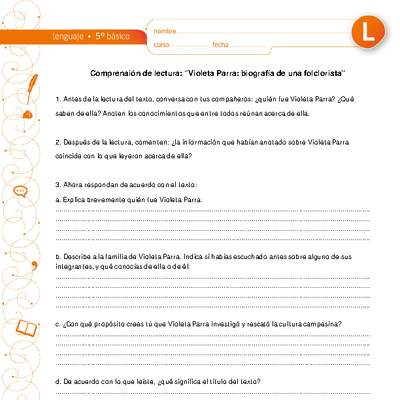 Comprensión de lectura de "Violeta Parra: biografía de una folclorista" Comprensión de lectura de "Violeta Parra: biografía de una folclorista"