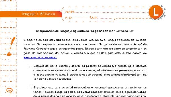 Comprensión del lenguaje figurado de "La gallina de los huevos de luz" Comprensión del lenguaje figurado de "La gallina de los huevos de luz"
